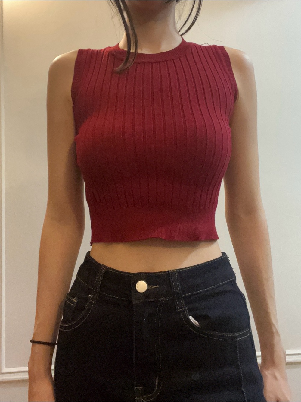 Sleeveless Ribbed Crop Top - Crimson Red